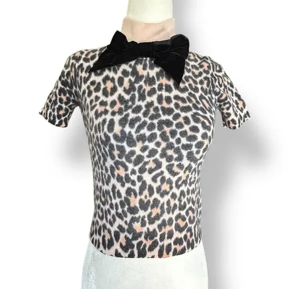 Kate Spade Leopard Bow Sweater XS Wool Short Sleeve Turtleneck Animal Print Top